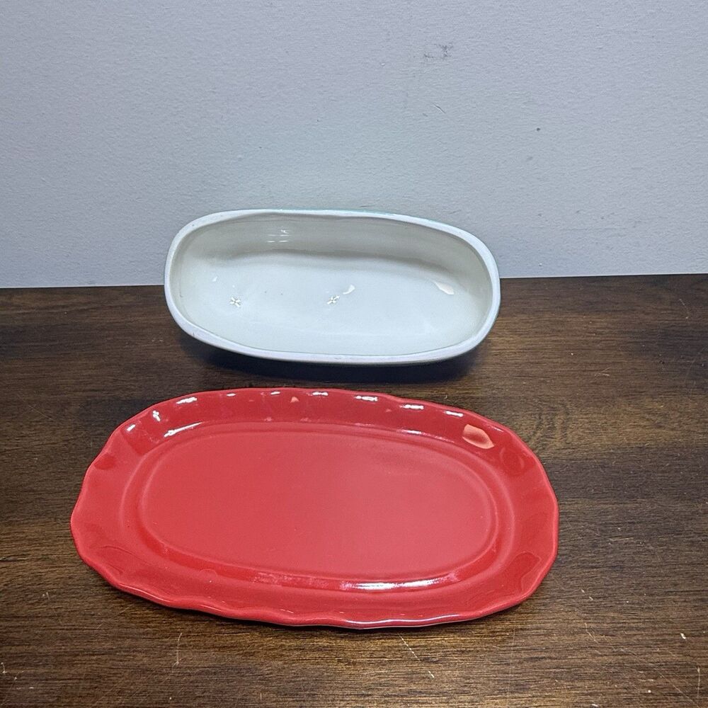 Pioneer Woman Flea Market Floral Red Covered Butter Dish Butterfly Handle 6.4" - Picture 5 of 8